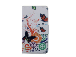 Кожен калъф тефтер стойка и клипс за Alcatel One Touch Pop D5 5038 / 5038D / 5038X бял с шарени пеперуди и цветя